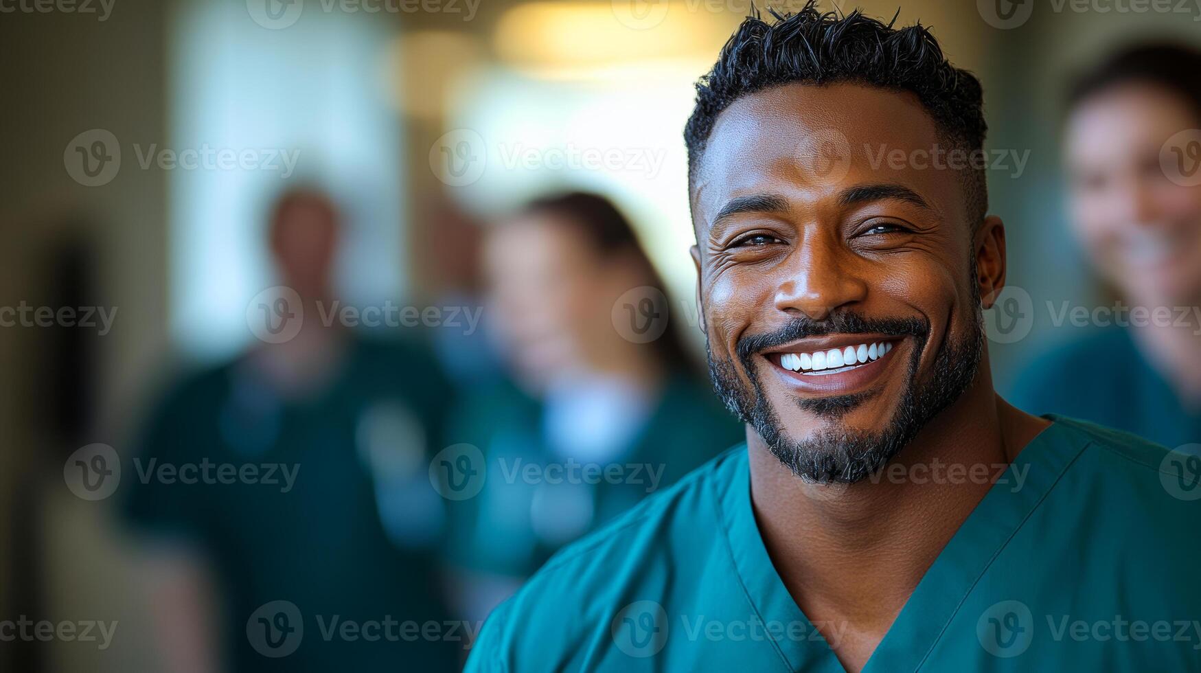 A smiling man in a green scrubs shirt is posing for a picture. Concept of happiness and positivity photo
