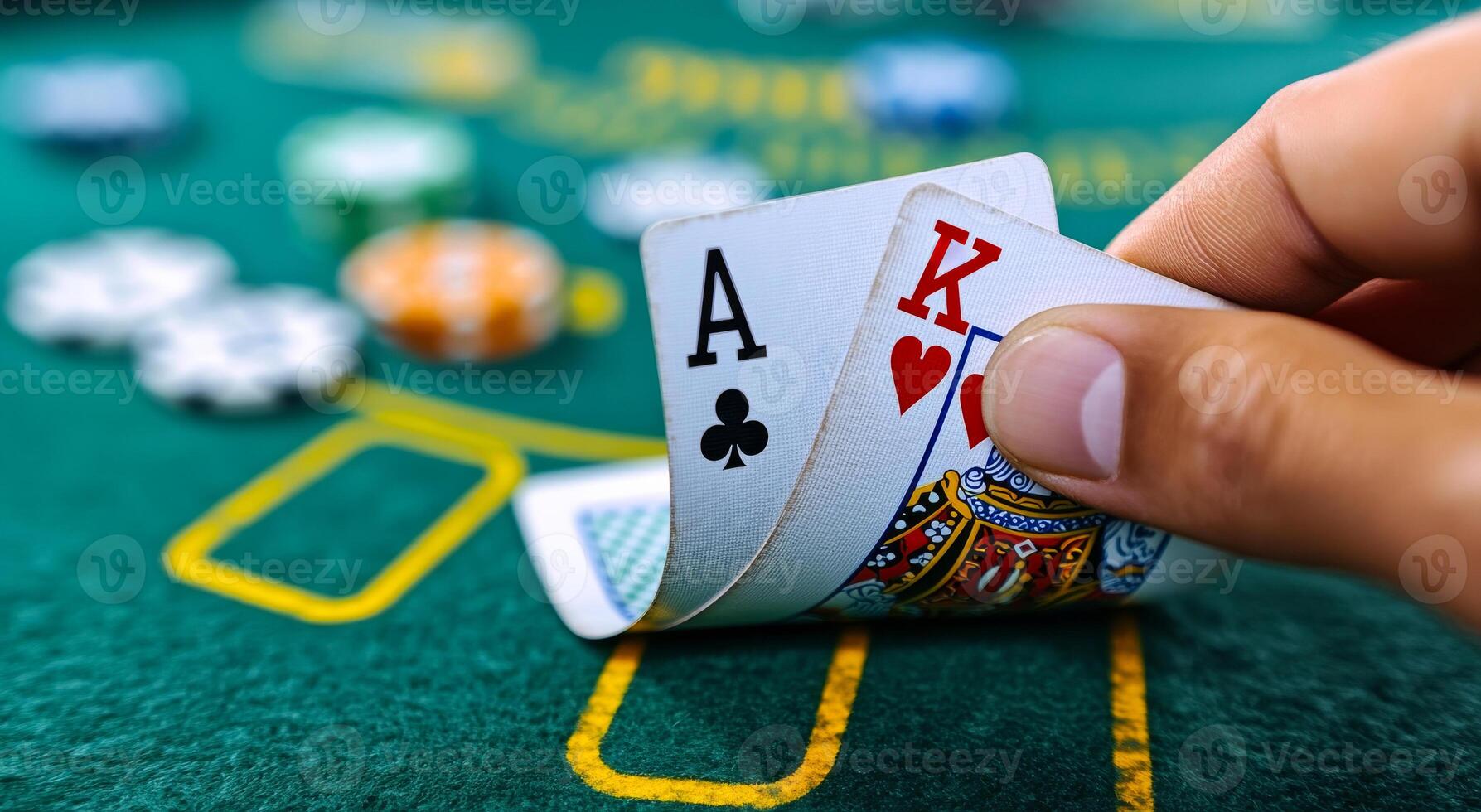 A hand holding two playing cards, one of which is a King. The other card is a Clue photo