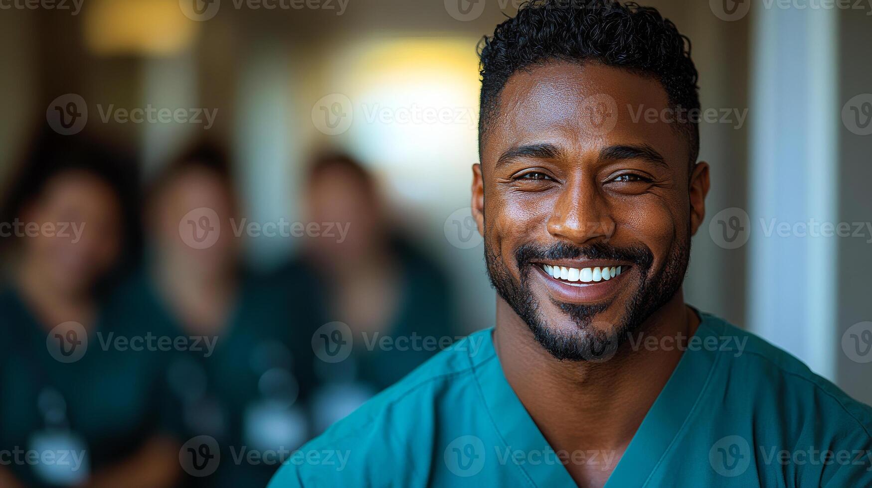 A smiling man in a green scrubs shirt. He is smiling and looking at the camera. There are other people in the background photo