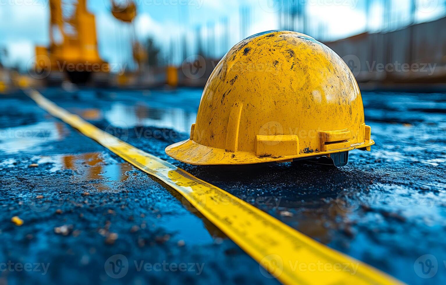 A yellow hard hat is on the ground next to a yellow tape. Concept of caution and safety in a construction site photo