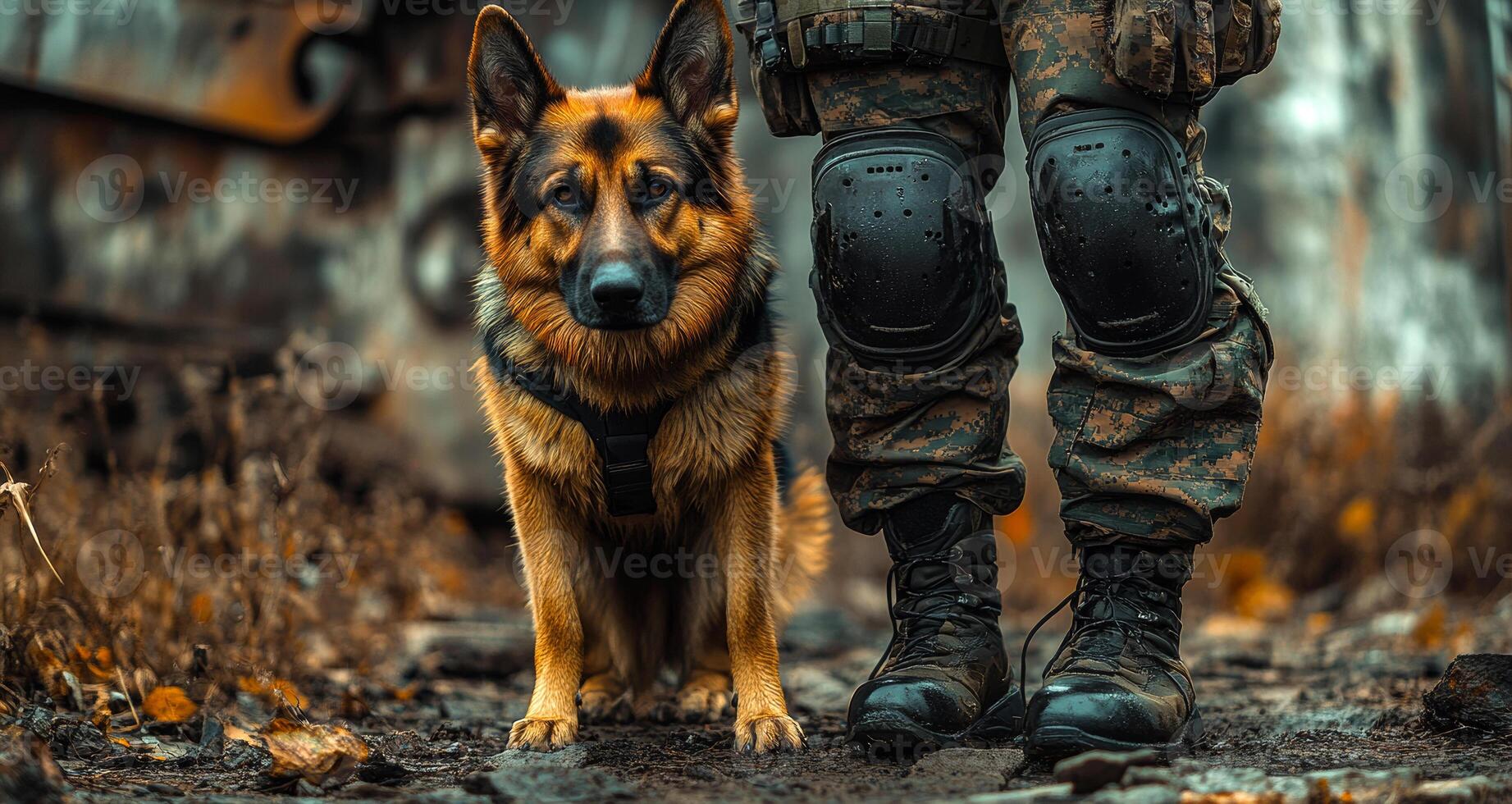 A man and a dog are standing in a field. The man is wearing camouflage pants and a black vest photo