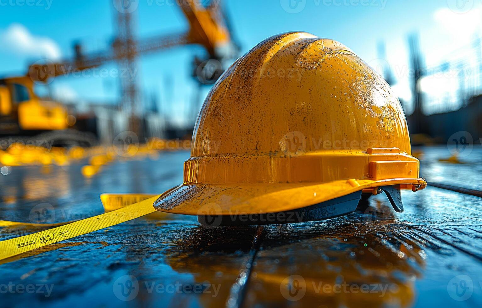 A yellow hard hat is laying on the ground next to a construction site. Concept of caution and safety in a potentially dangerous environment photo