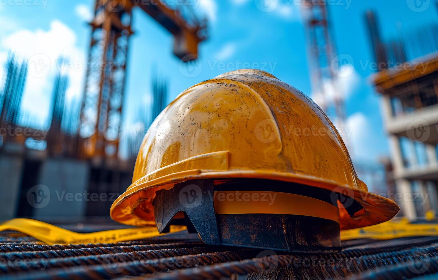 A yellow hard hat is sitting on a metal railing. Concept of construction and safety, as the hard hat is a common piece of protective gear worn by workers in such environments photo