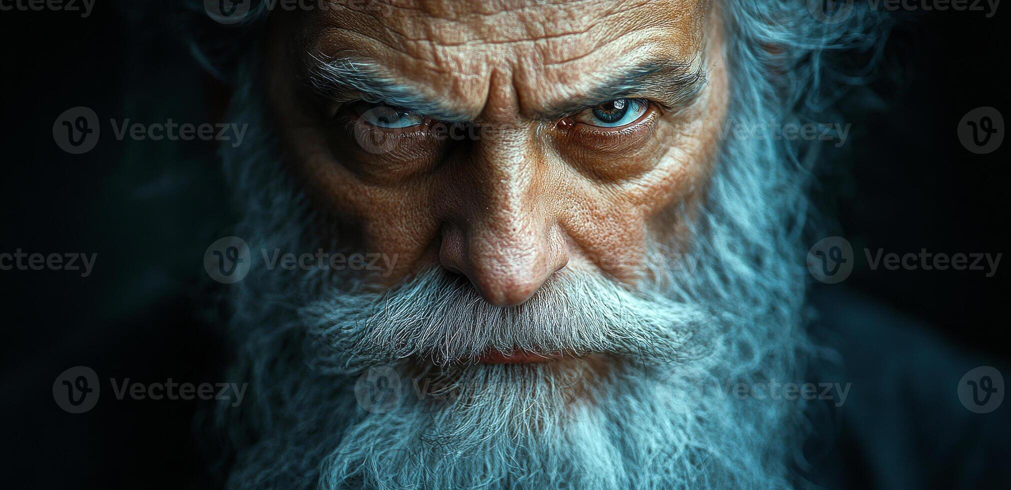 A man with a beard and a beard is looking at the camera with a stern expression. The man's face is wrinkled and his eyes are narrowed photo