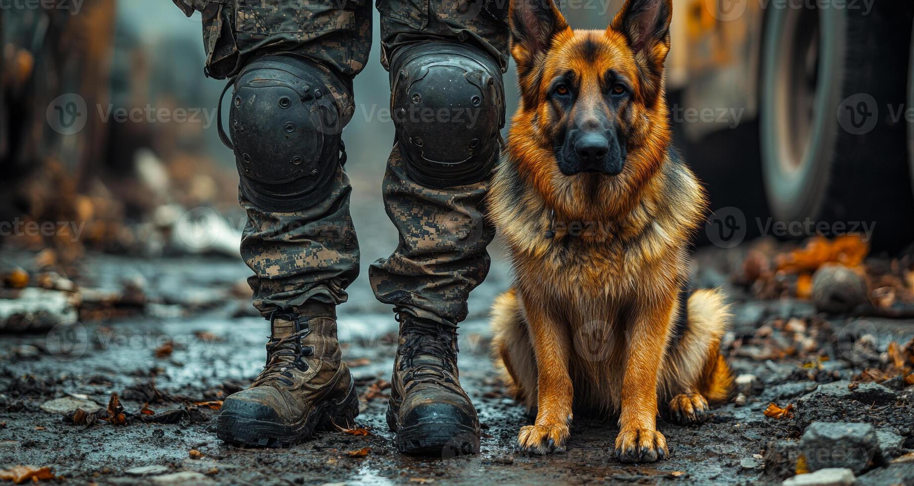 A man in military gear stands next to a dog. The dog is brown and has a black nose photo