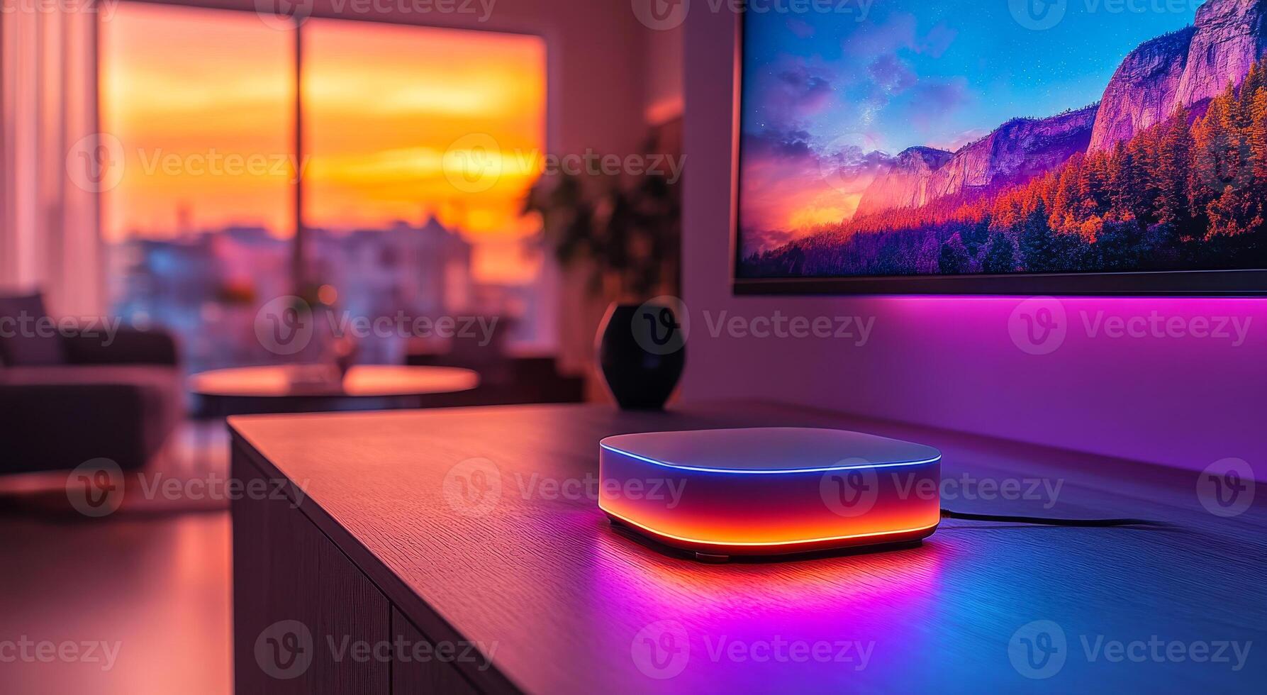 A small device with a colorful screen sits on a wooden table in a living room. The room is lit with a warm, orange glow, and there is a large television mounted on the wall photo