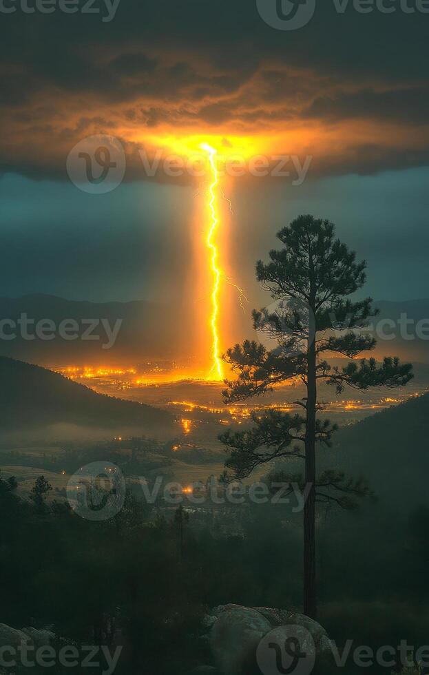 A tree is lit up by a lightning bolt. The sky is dark and cloudy. The scene is dramatic and intense photo