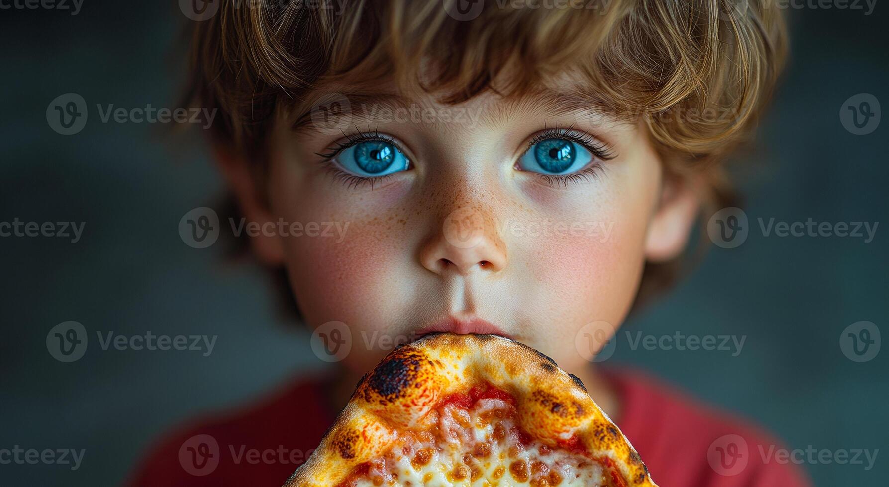 A young boy is eating a slice of pizza. The pizza is on a plate and the boy is holding it in his hand photo