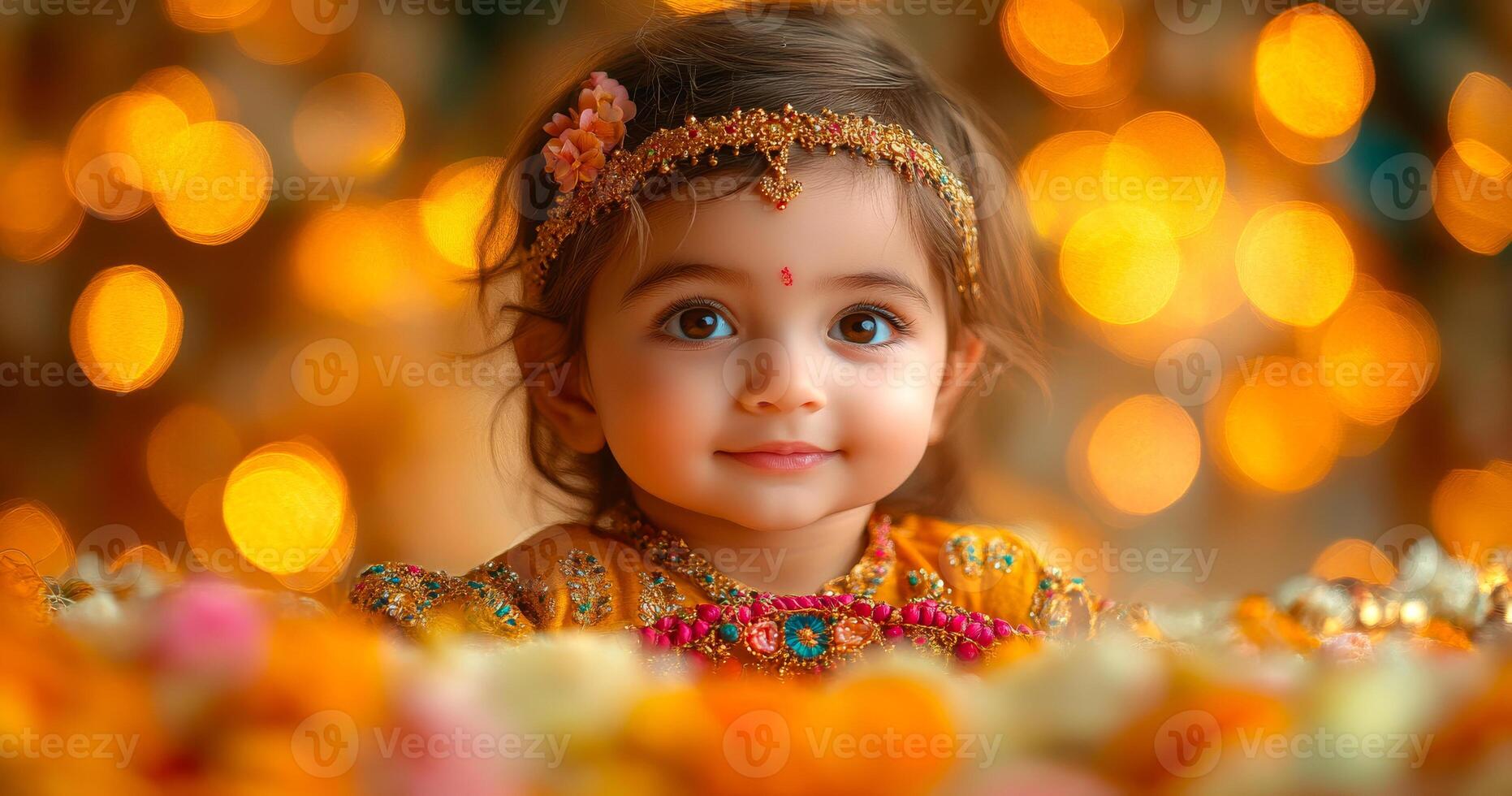 A young girl wearing a yellow dress and a gold headband is smiling. The image has a warm and cheerful mood, with the girl's bright smile and the bright colors of her dress and headband photo