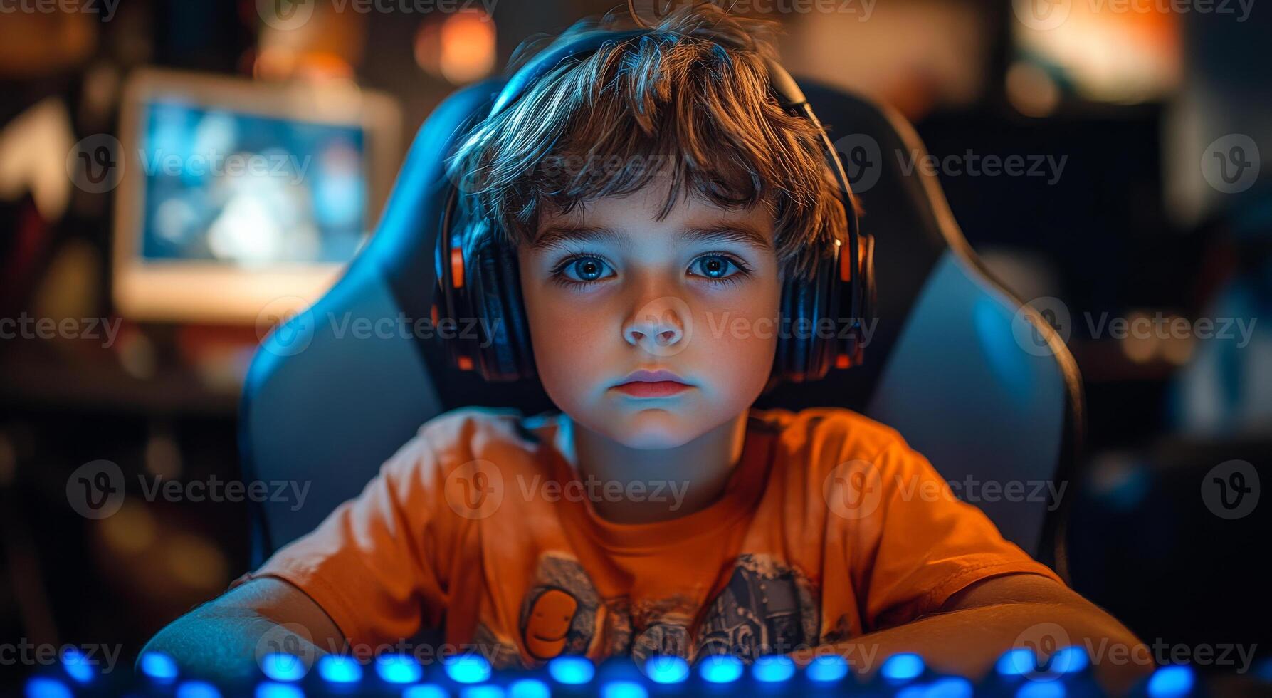 A young boy wearing orange is sitting in front of a computer with a keyboard and a mouse. He is wearing headphones and looking at the screen photo