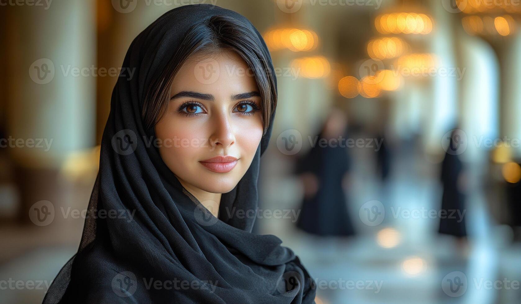 A woman wearing a black scarf stands in front of a building. The woman is wearing a black scarf and has a beautiful smile on her face photo