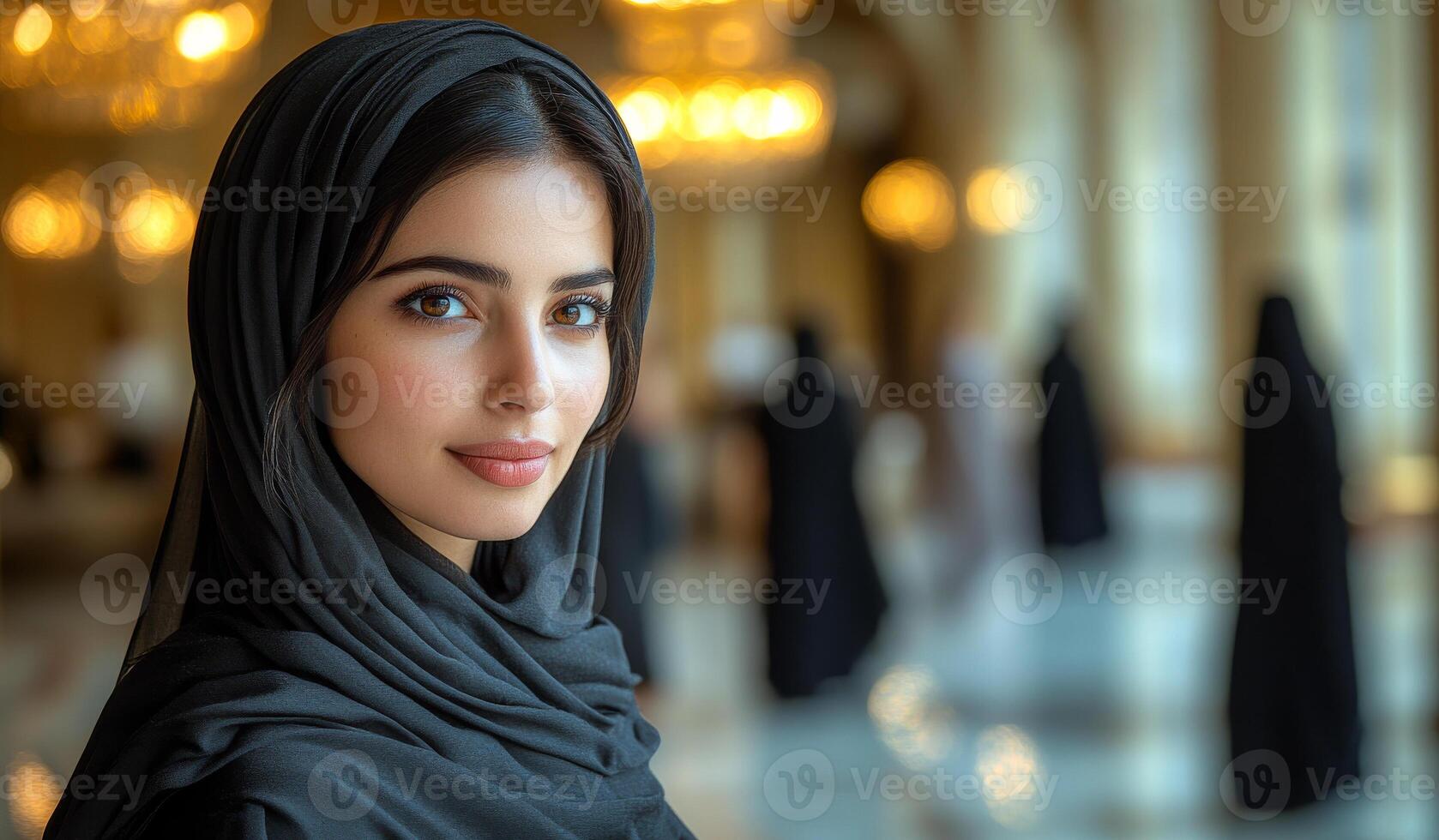 A woman wearing a black scarf and a black head scarf is smiling. She is the main focus of the image photo