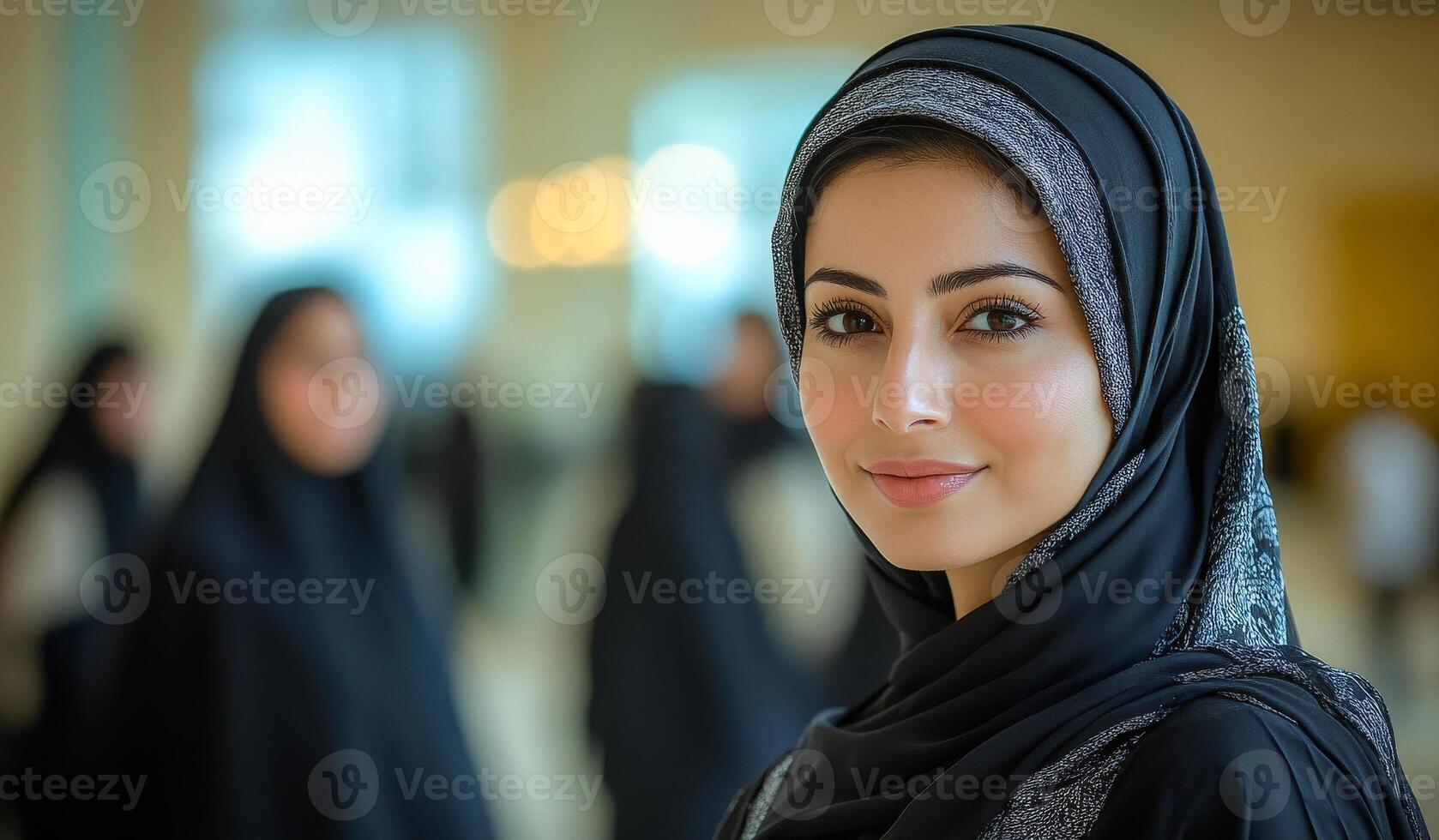 A woman wearing a black scarf and a black head scarf. She is smiling and looking at the camera photo