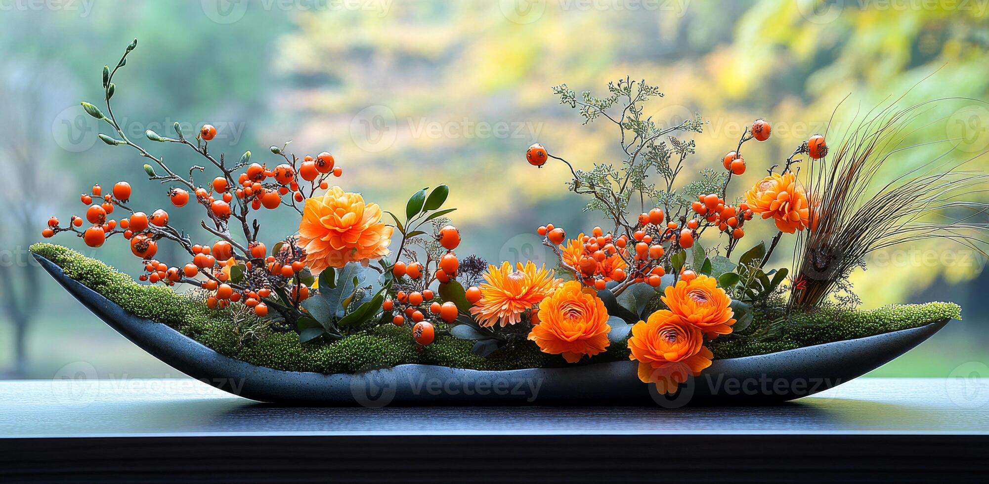 A vase of flowers with orange flowers and berries photo