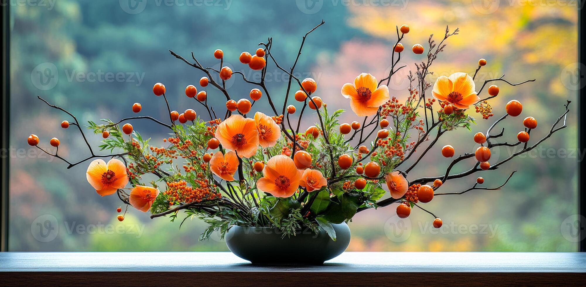 A vase of orange flowers sits on a table by a window. The flowers are arranged in a way that makes them look like they are growing out of the vase photo