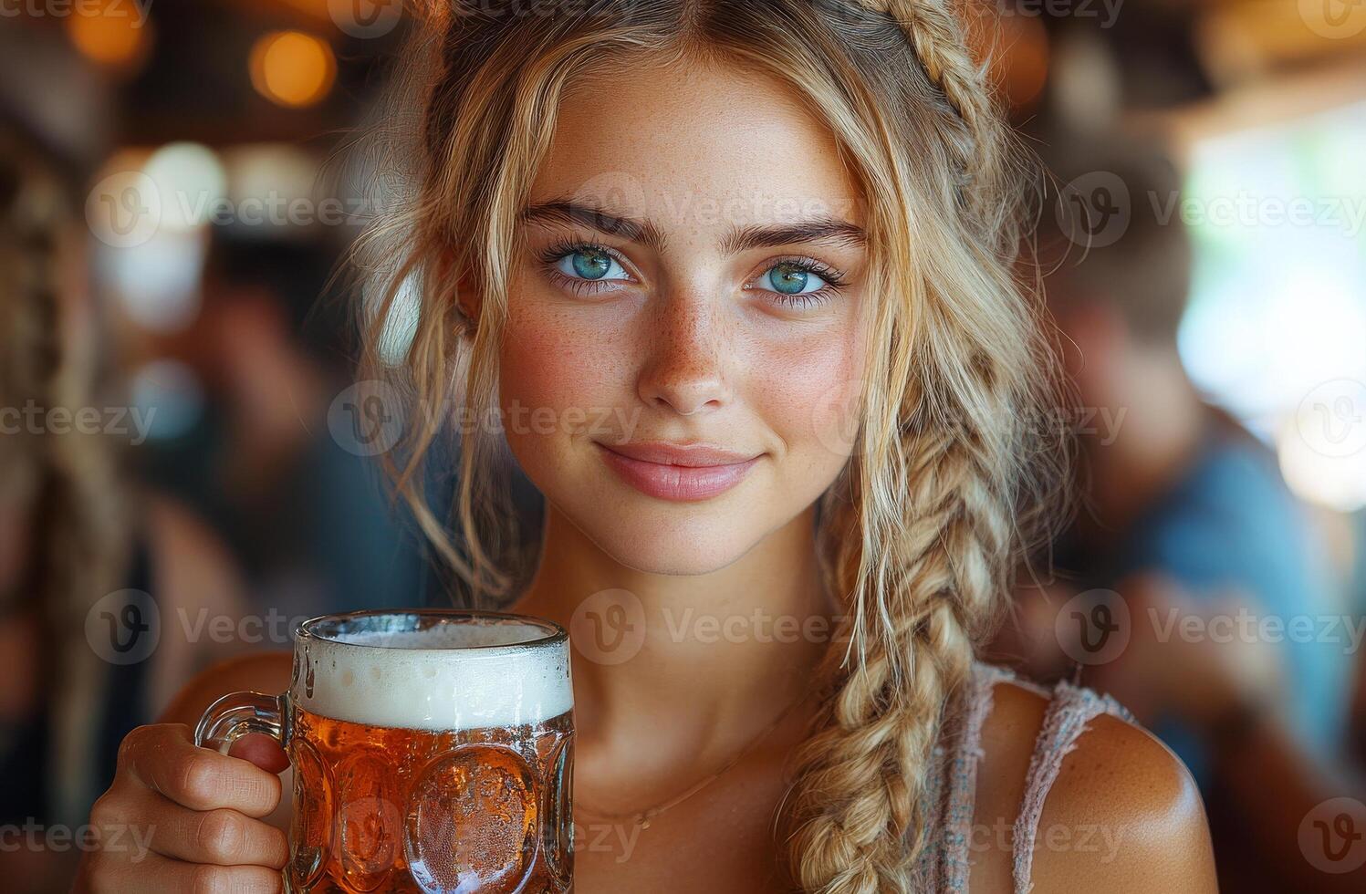 A woman with blonde hair and blue eyes is holding a mug of beer. She is smiling and she is enjoying herself photo