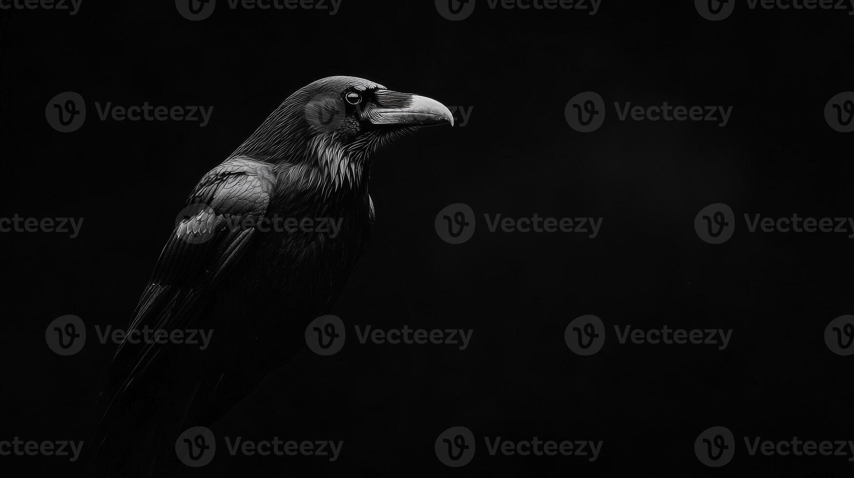 A black crow is standing in front of a dark background. The image has a moody and mysterious feel to it, as the crow is the only visible element in the scene photo