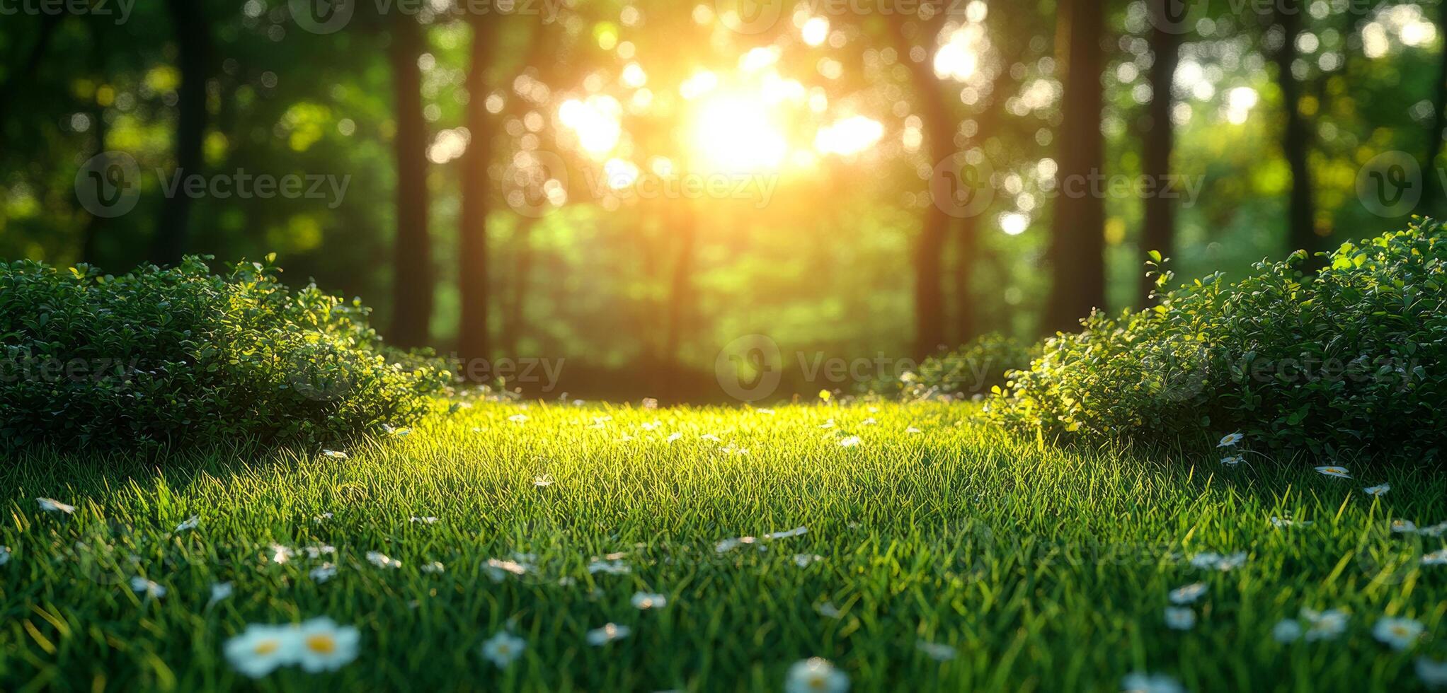 A bright sun is shining through the trees, casting a warm glow on the grass. The scene is peaceful and serene, with a few wildflowers scattered throughout the field photo