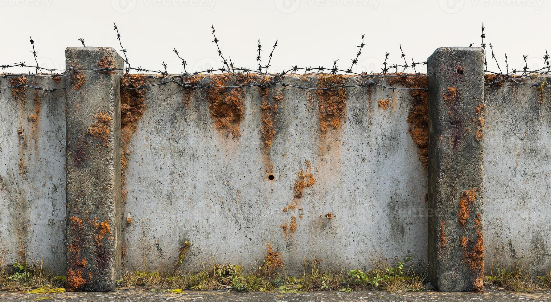 A rusted concrete wall with a lot of weeds growing on it. The wall is covered in moss and has a lot of rust photo