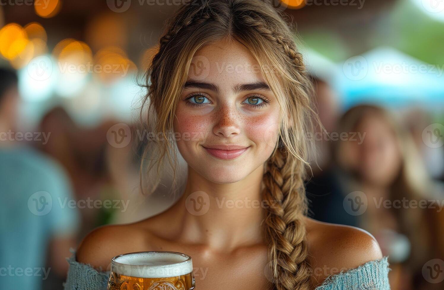 A woman with a beer in her hand and a smile on her face. She has a braid in her hair and is surrounded by other people photo