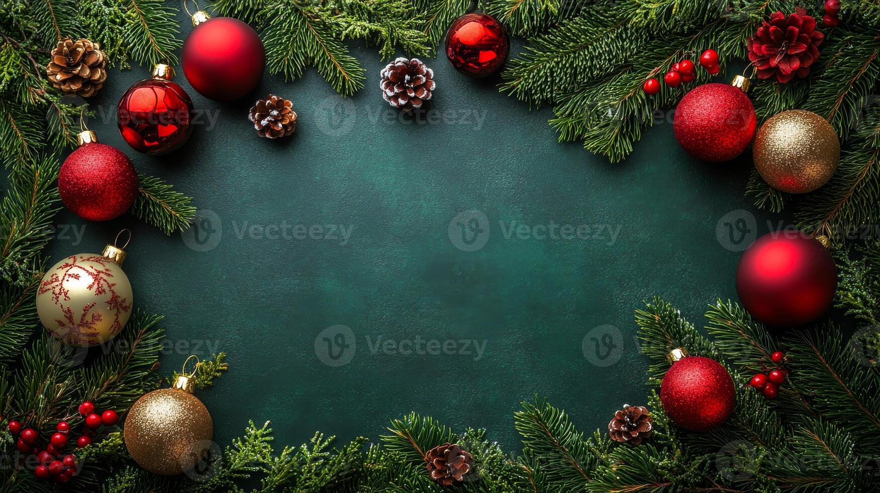A green background with red and gold ornaments and pine cones photo