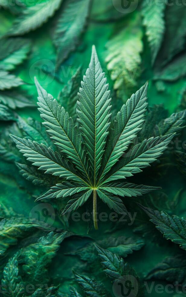 A close up of a marijuana leaf on a green background. The leaf is the main focus of the image, and it is the only thing visible. The green background adds a sense of freshness photo
