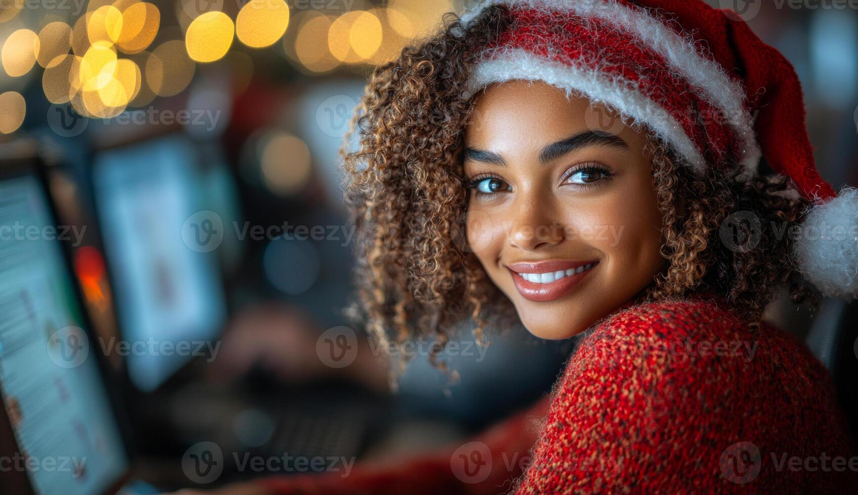 A woman with curly hair is smiling and wearing a red hat and a red sweater. She is sitting in front of a computer with a keyboard and a mouse photo