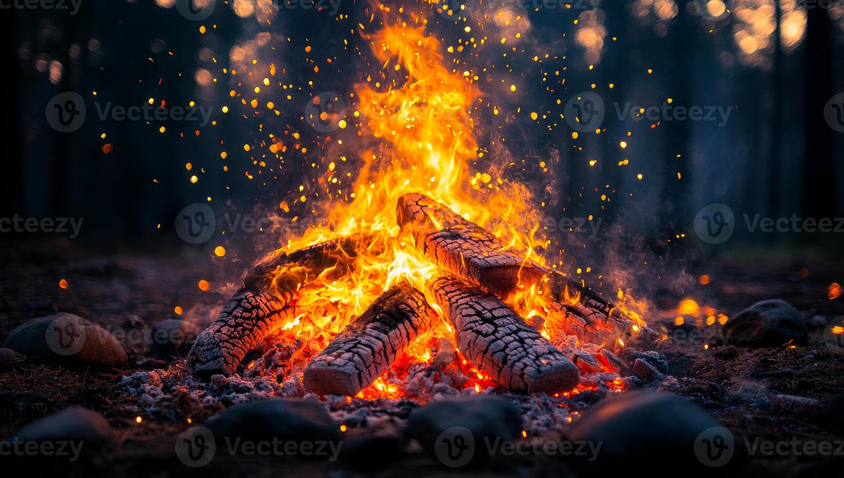 A pile of wood is burning in a fire pit. The fire is very large and the smoke is billowing out. The scene is dark and moody, with the fire casting shadows on the ground photo