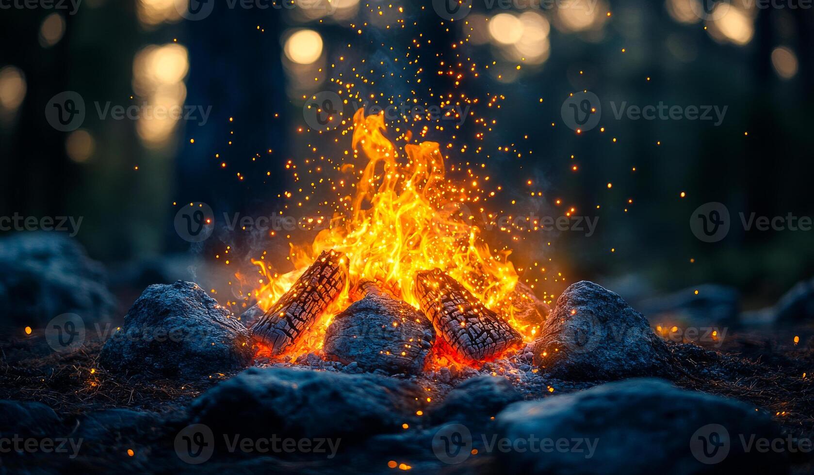 A fire is burning in a pile of rocks. Scene is warm and cozy photo