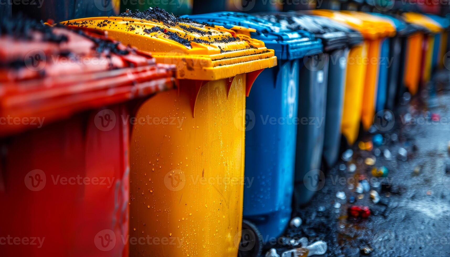 A row of trash cans are lined up, some are yellow, some are blue, and some are red photo