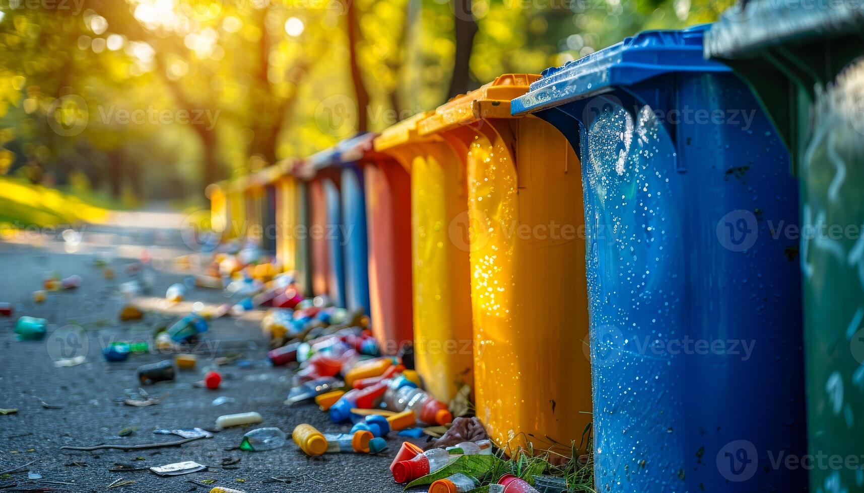 A row of trash cans are lined up on the ground, with some of them overflowing with trash. Concept of neglect and disorganization, as the trash cans are not being properly maintained or emptied photo