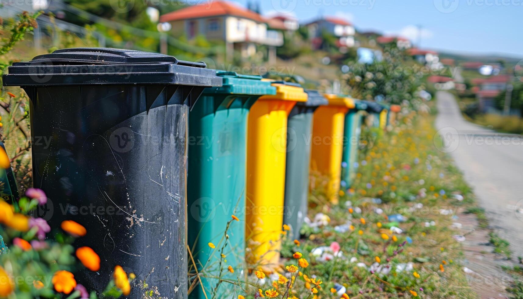 A row of trash cans are lined up on the side of a road. The trash cans are of different colors, including black, green, and yellow. Concept of organization and cleanliness photo