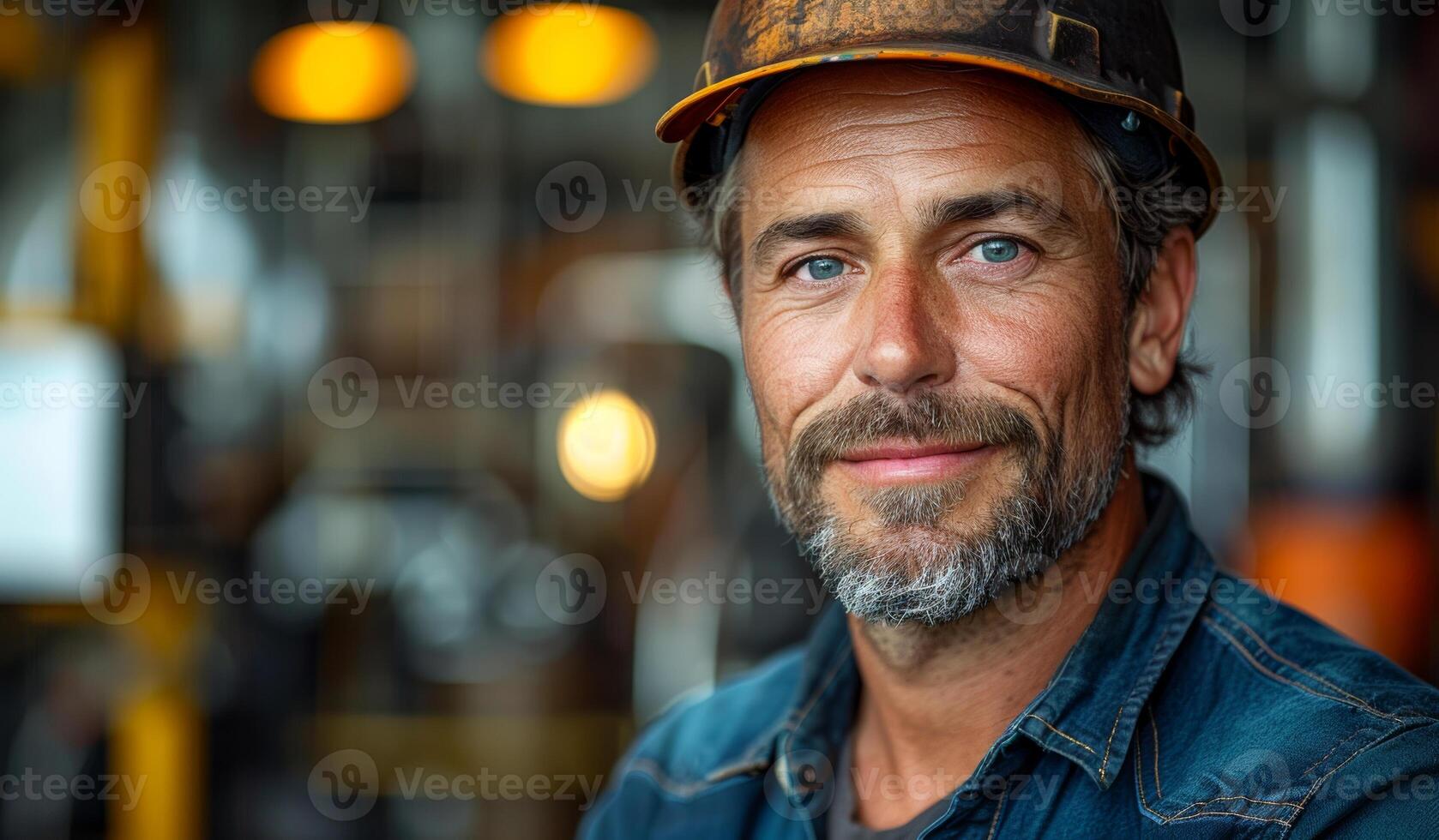 A man with a hard hat and a blue shirt is smiling. He looks happy and confident. Concept of professionalism and pride in his work photo