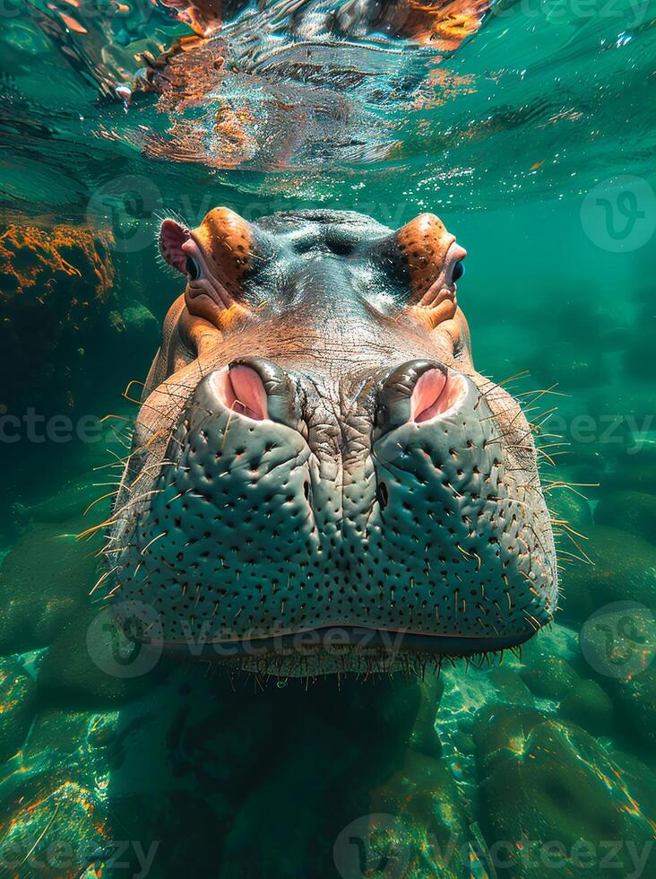 A hippo is swimming in the water with its head sticking out. The water is clear and the hippo's face is visible photo