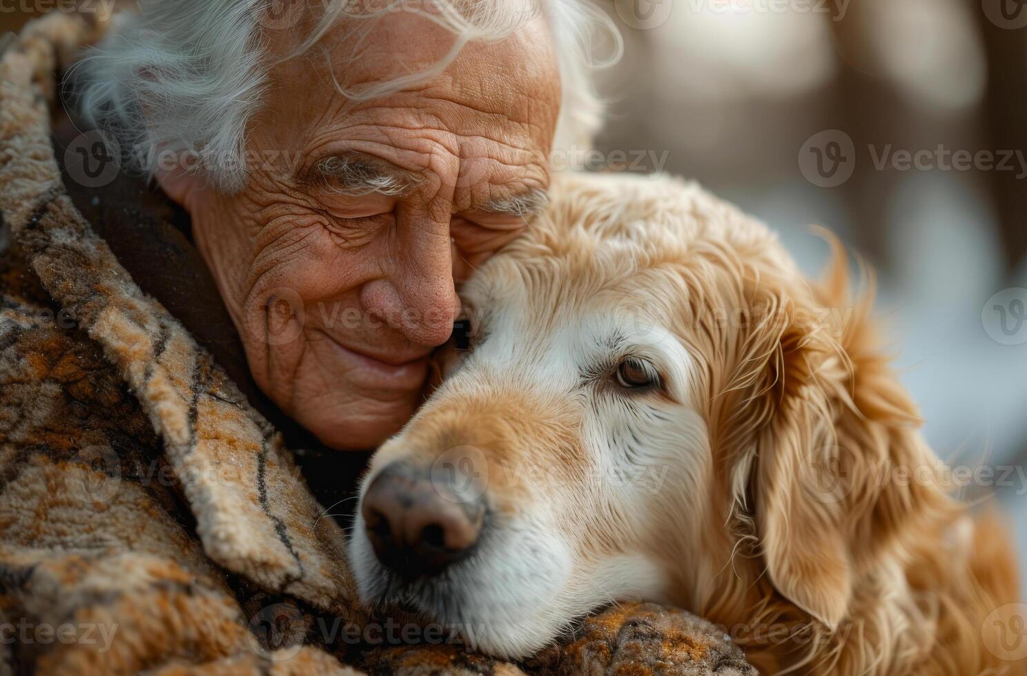 An old man is hugging a dog. The dog is brown and white photo