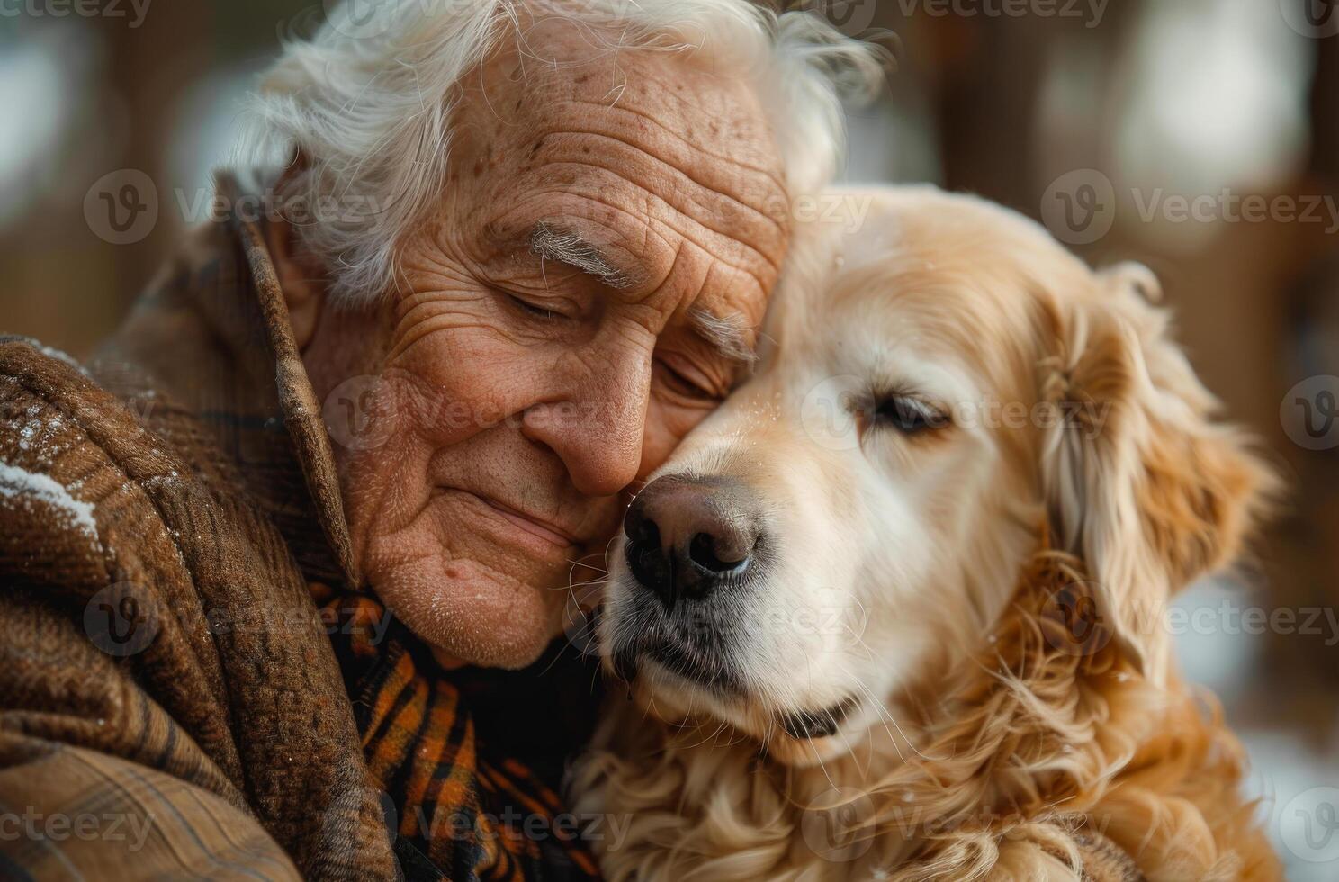An old man is hugging a dog. The dog is a golden retriever. The man is wearing a brown coat photo