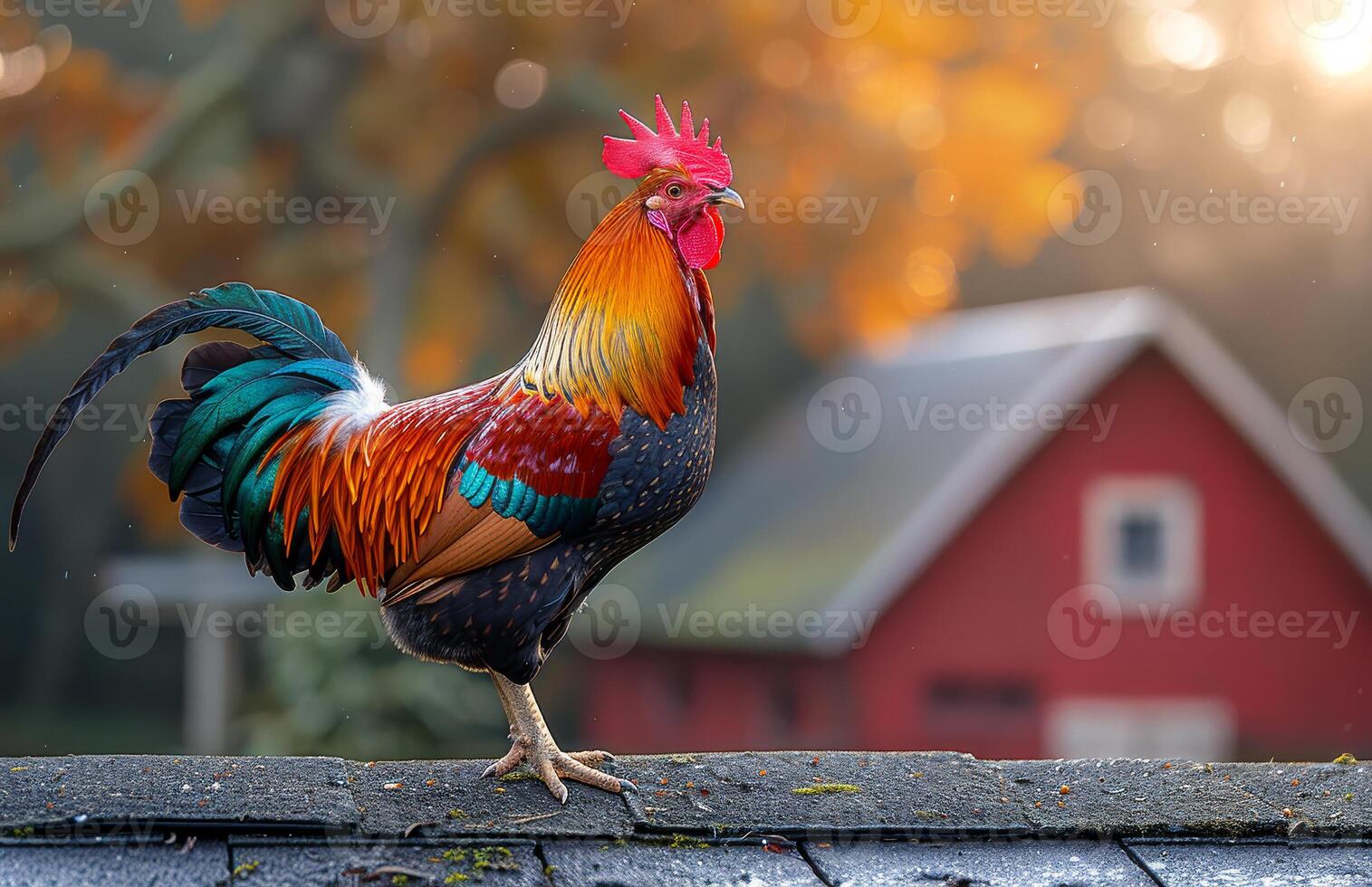 A colorful chicken stands on a roof next to a red barn. The bright colors of the chicken and the barn create a cheerful and lively atmosphere photo