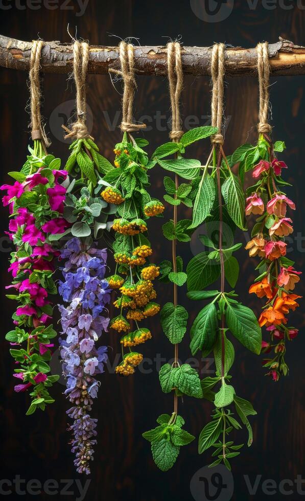 A bunch of herbs hanging from a branch. The herbs are in different colors and shapes. Medicinal herbs. Traditional methods of treatment. photo
