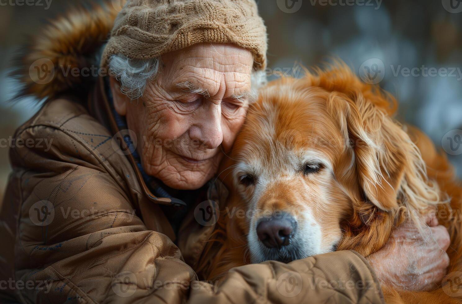 An elderly woman is hugging a dog. The dog is brown and has a white nose. The woman is wearing a brown jacket and a hat photo
