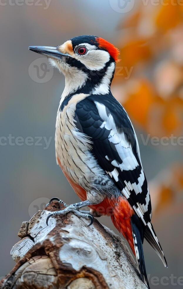 A bird with a red head and black and white feathers is perched on a tree branch. The bird appears to be looking to its left photo
