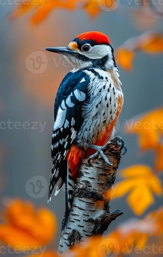 A bird with red and black feathers is perched on a tree branch. The bird is looking at the camera, and the scene is set in autumn photo