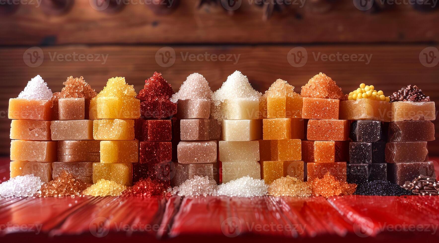 A row of assorted colored sugar cubes are piled on a red table. The cubes are of different shapes and sizes, and they are arranged in a way that creates a visually appealing display photo