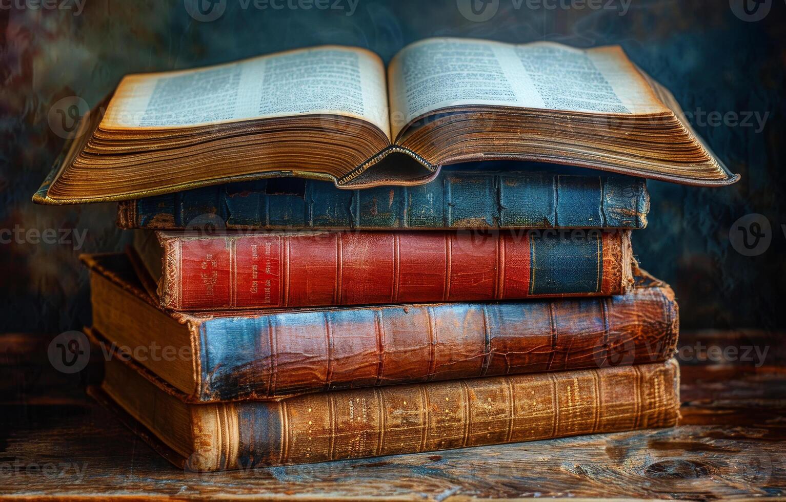 A stack of old books with a Bible on top. Concept of history and tradition, as well as the importance of reading and learning photo