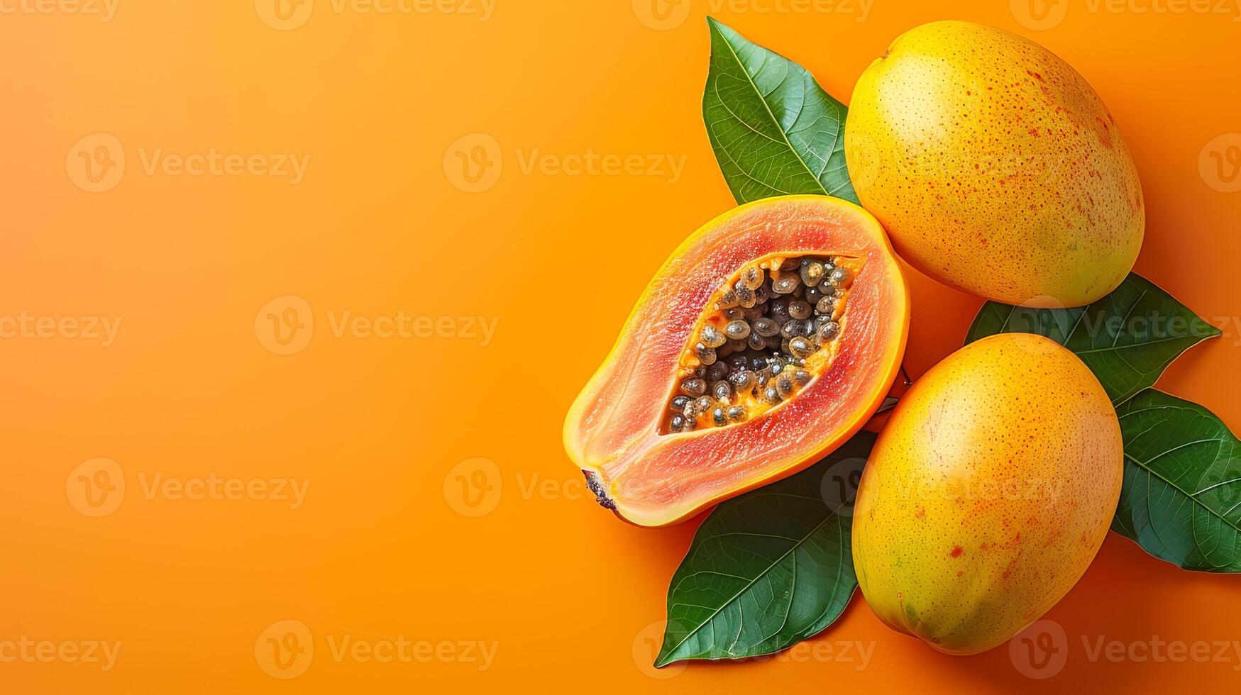 A ripe orange with a small hole in the middle sits on a table with a leafy green leaf photo