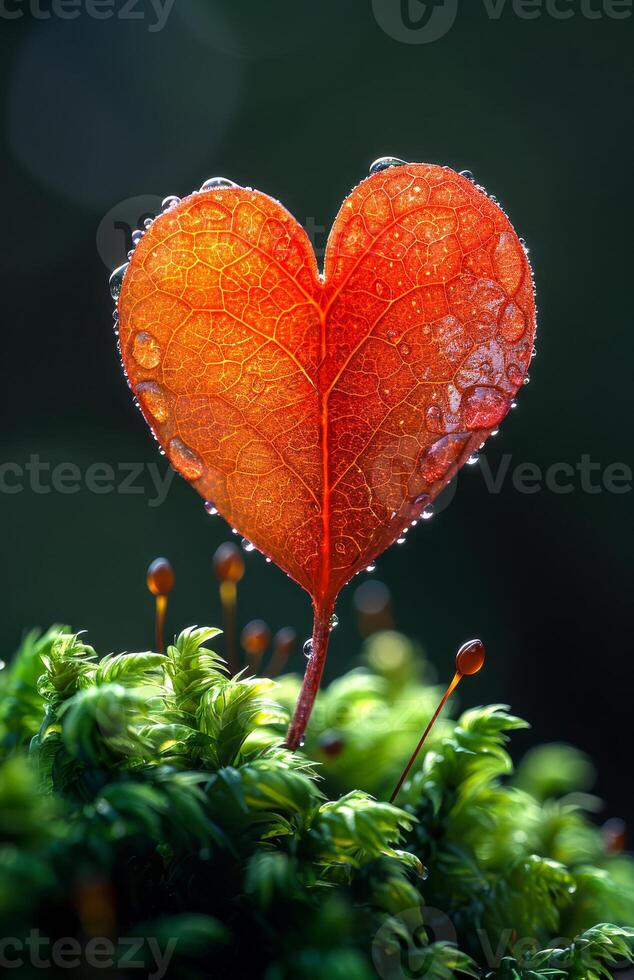 A leaf with a heart shape is on a green mossy surface. The leaf is red and has water droplets on it. Concept of beauty and tranquility, as the leaf's heart shape photo
