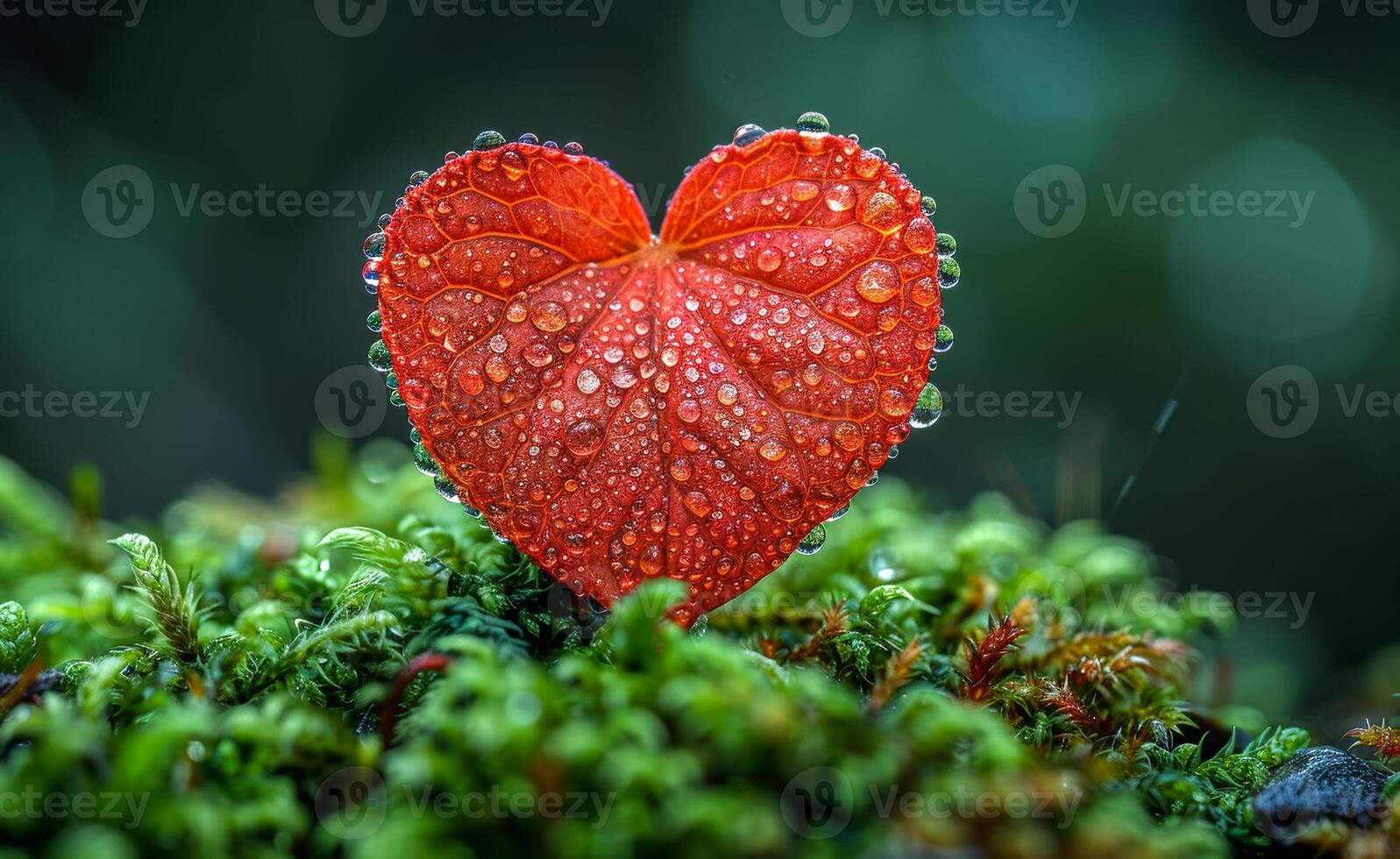 A red leaf with water droplets on it is shaped like a heart. Concept of love and beauty, as the delicate leaf is transformed into a symbol of affection. The water droplets add a touch of freshness photo