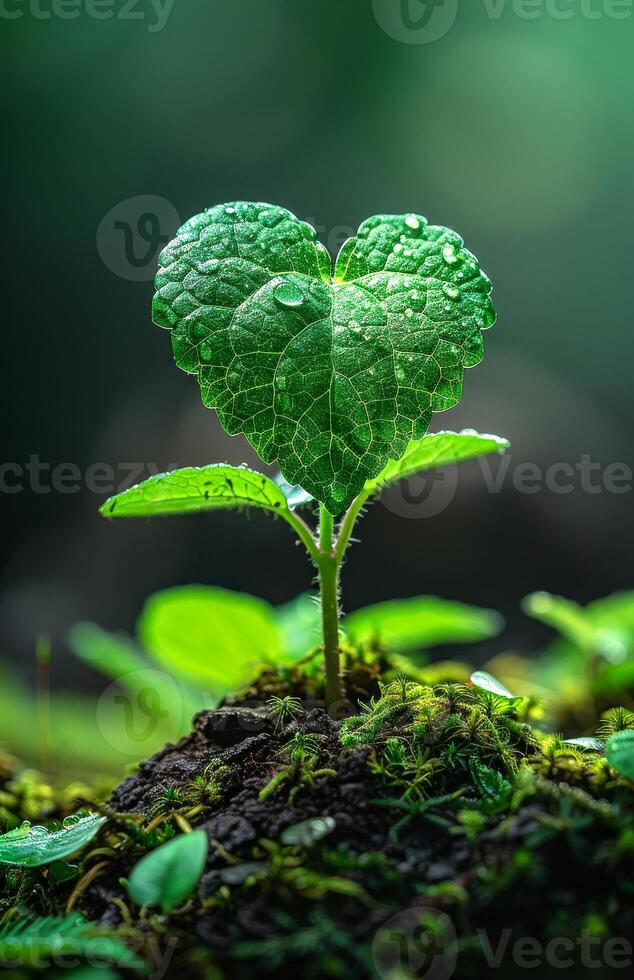 A small green plant with a heart shape is growing in the dirt. The plant is surrounded by moss and he is thriving in its environment photo