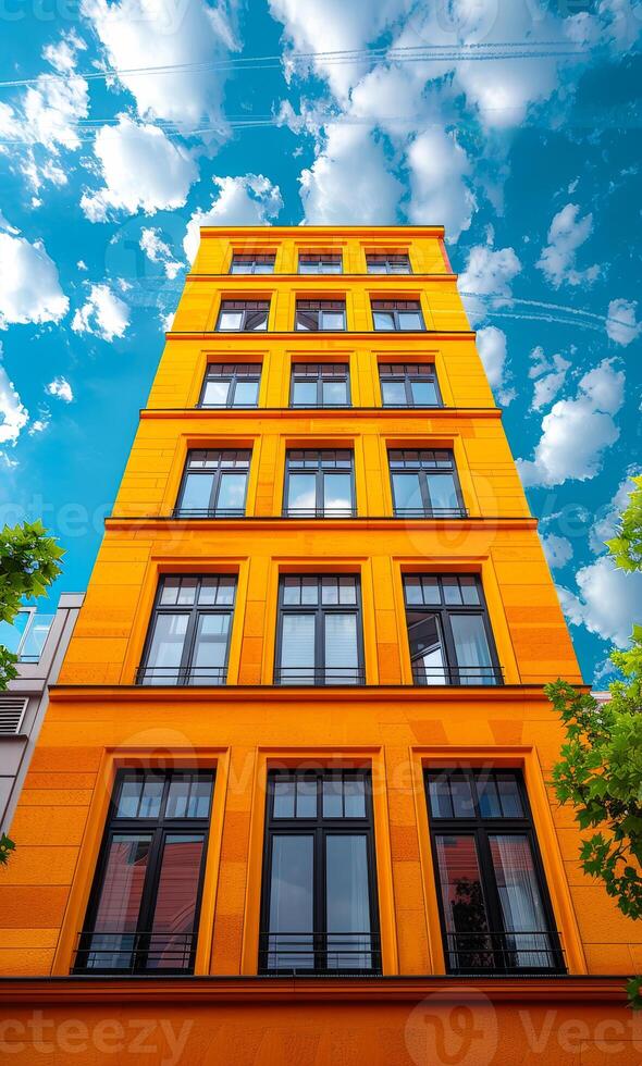 A tall building with many windows and a bright orange color. The sky is blue with some clouds photo