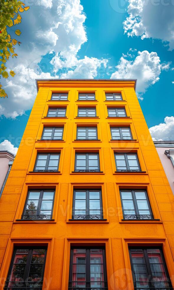 A tall yellow building with many windows and a blue sky in the background photo