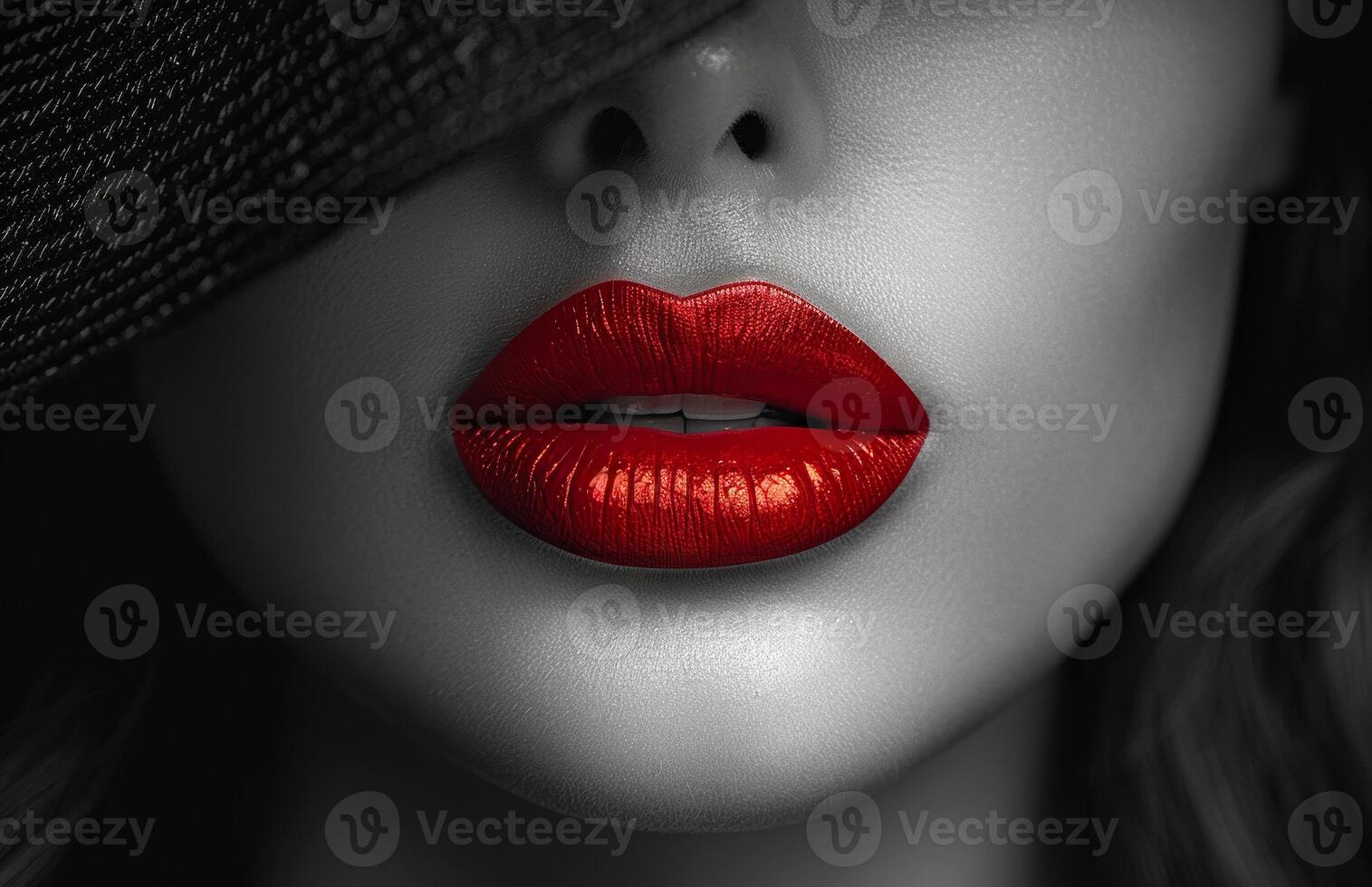 A woman's lips are painted red and she is wearing a black hat. The image has a bold and dramatic feel to it, with the red lips and the black hat creating a striking contrast photo